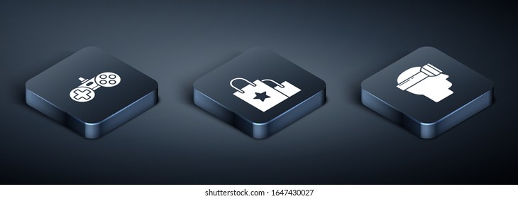 Set Isometric Gamepad, Virtual reality glasses and Paper shopping bag icon. Vector
