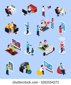 Set of isometric gamers with controllers near monitors and with mobile devices, isolated vector illustration