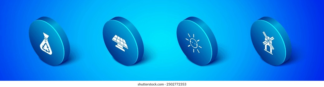 Conjunto de bolsa de basura isométrica con reciclaje, panel de energía solar, turbina eólica e icono. Vector