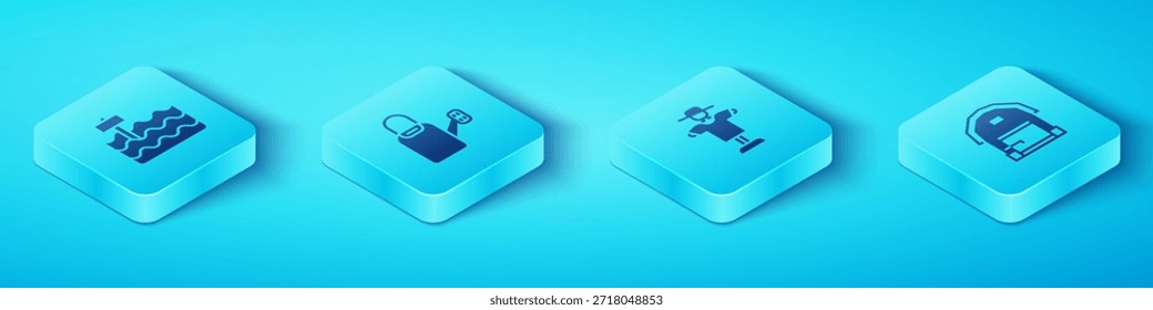 Conjunto de cama de jardín isométrica, regadera, casa de campo e icono de espantapájaros. Vector