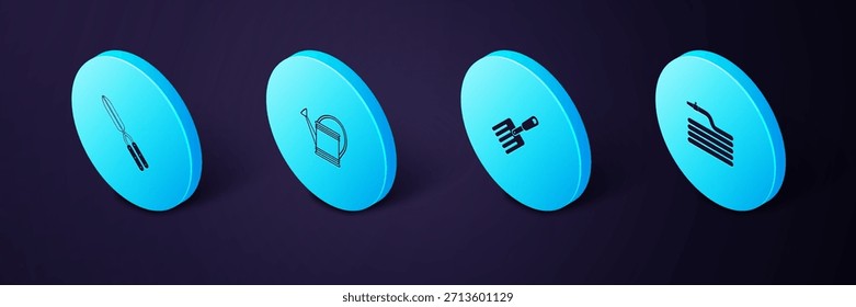 Set Isometric Garden hose or fire hose, fork, Watering can and Gardening handmade scissor icon. Vector