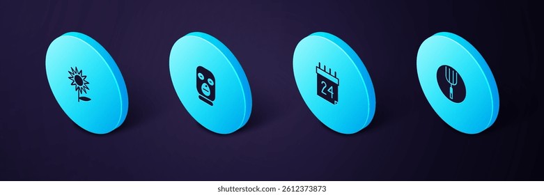 Set Isometric Garden pitchfork, Independence day of Ukraine, Thief mask and Sunflower icon. Vector