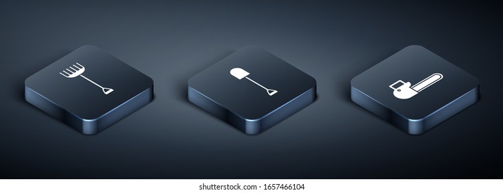 Set Isometric Garden rake, Chainsaw and Shovel icon. Vector