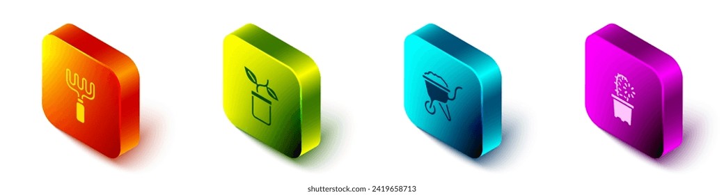 Set Isometric Garden rake, Plant in pot, Wheelbarrow with dirt and Cactus peyote icon. Vector