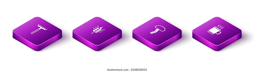 Set Isometric Garden rake, Wheat, Mushroom and Cup of tea icon. Vector