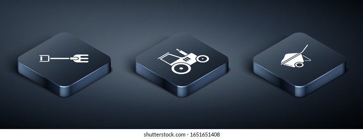 Coloque Isometric Garden rake, Wheelbarrow con suciedad y el icono Tractor. Vector