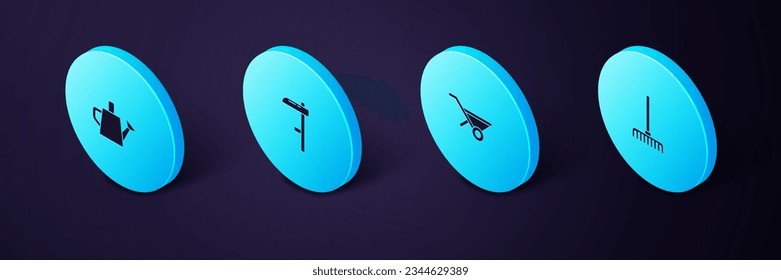 Set Isometric Garden rake, Wheelbarrow, Scythe and Watering can icon. Vector