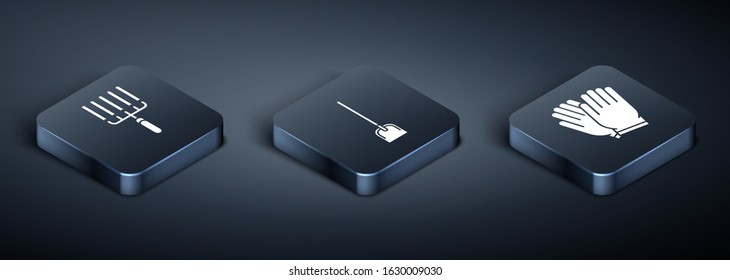 Set Isometric Garden rake in work, Garden gloves and Shovel icon. Vector
