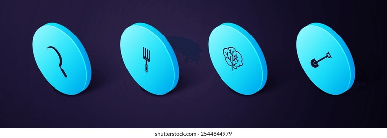 Set Isometric Garden shovel, Tree, fork and Sickle icon. Vector