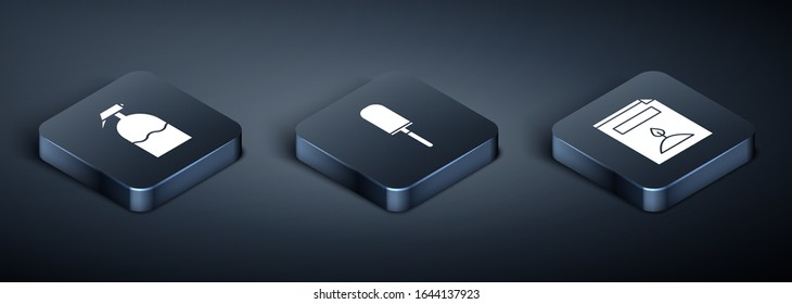 Set Isometric Garden sprayer, A pack full of seeds of a specific plant and Garden trowel spade or shovel icon. Vector