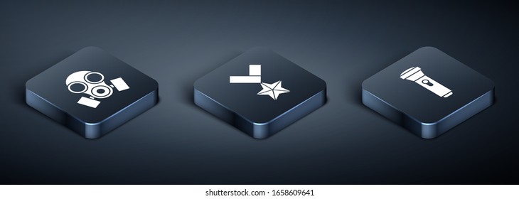 Set Isometric Gas mask , Flashlight  and Military reward medal  icon. Vector