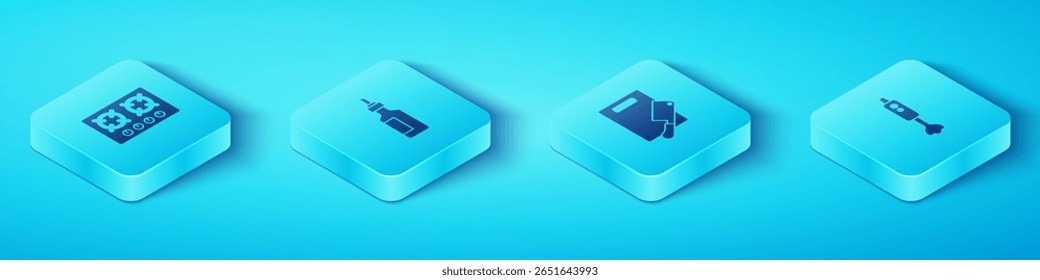 Set Isometric Gas stove, Bottle of olive oil, Blender and Cutting board and meat chopper icon. Vector