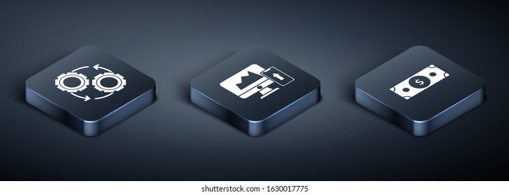 Set Isometric Gear and arrows as workflow process concept, Stacks paper money cash and Financial chart or graph on the computer monitor and mobile phone icon. Vector