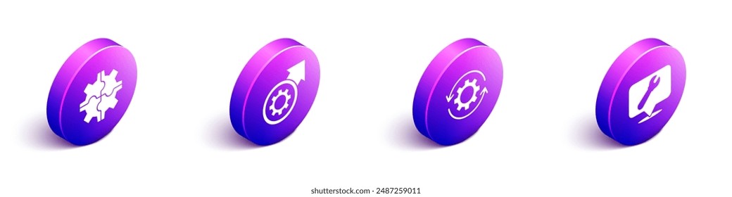 Set Isometric Gear, Gear and arrows as workflow process, Gear and arrows as workflow and Location with wrench spanner icon. Vector