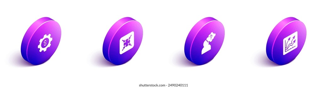 Set Isometric Gear with dollar, Target, Head question mark and Financial growth increase icon. Vector