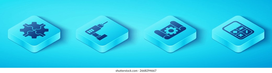 Set Isometric Gear, Electric drill machine, Calculator and Graphing paper and gear icon. Vector