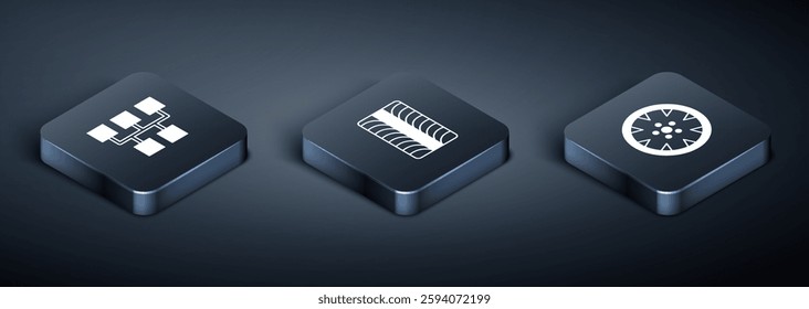 Set Isometric Gear shifter, Alloy wheel and Car tire icon. Vector
