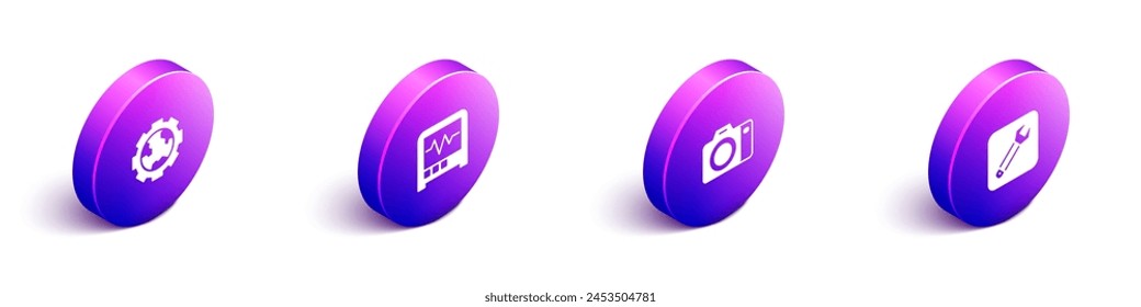 Ajuste ruedas de engranaje isométrico y tierra, sismógrafo, cámara de fotos e icono de llave inglesa. Vector
