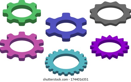 Set Of Isometric Gears. Machine Parts. Technical Device. Cog Wheels.