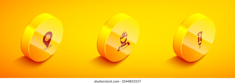 Conjunto de piedra de gema isométrica, minero en un casco e icono de martillo neumático de construcción. Vector