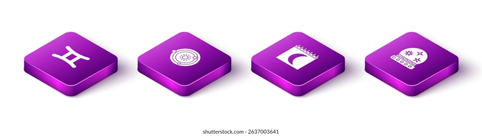 Set Isometric Gemini zodiac, Solar system, Moon phases calendar and Magic ball icon. Vector