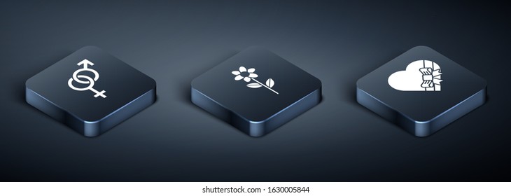 Set Isometric Gender, Candy in heart shaped box and bow and Flower icon. Vector