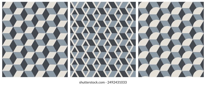 Set of isometric, geometric seamless patterns. Cube, diamond and triangle shapes background with light and shadow.