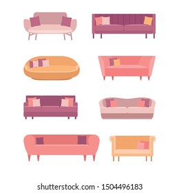 Set isometric geometric stylish sofas for home and office isolated on white background. Couches flat illustration for advertising banner concept for furniture stores, for mobile applications or games.