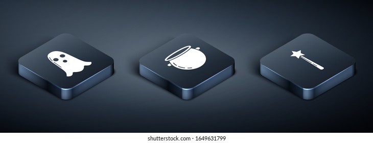 Set Isometric Ghost , Magic wand  and Halloween witch cauldron  icon. Vector