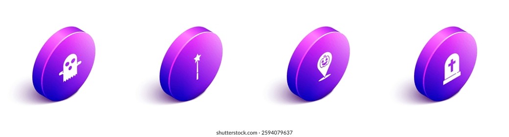 Set Isometric Ghost, Magic wand, Pumpkin and Tombstone with cross icon. Vector