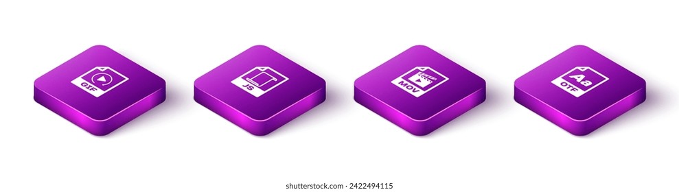Set Isometric GIF file document, JS, MOV and OTF icon. Vector