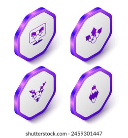 Set Isometric Gift bow, Branch viburnum, Reindeer and Christmas toy icon. Purple hexagon button. Vector