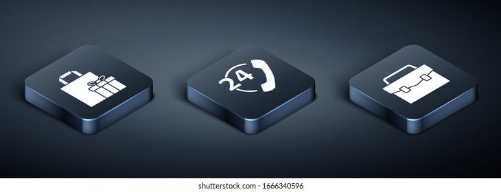Set Isometric Gift box, Briefcase and Telephone 24 hours support icon. Vector