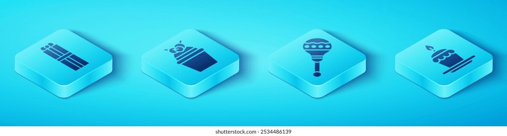 Set Isometric Gift box, Cake, Cake with burning candles and Maracas icon. Vector