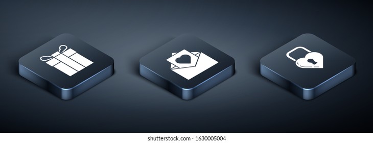 Set Isometric Gift box, Castle in the shape of a heart and Envelope with Valentine heart icon. Vector