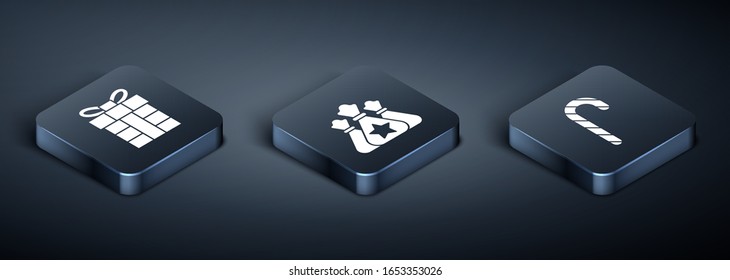 Set Isometric Gift box, Christmas candy cane with stripes and Santa Claus bag gift icon. Vector