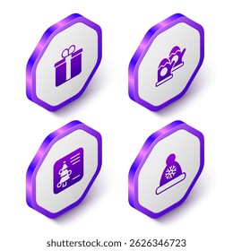 Set Isometric Gift box, Christmas mittens, postcard and Santa Claus hat icon. Purple hexagon button. Vector