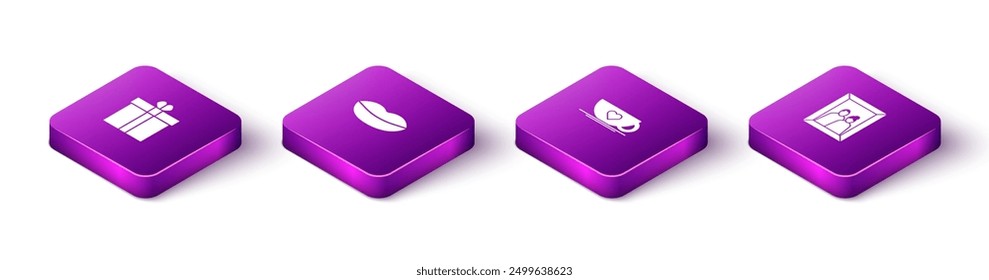 Set Isometric Gift box and heart, Smiling lips, Coffee cup and Picture frame icon. Vector