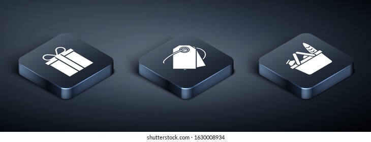 Set Isometric Gift box, Shopping basket and food and Blank label template price tag icon. Vector