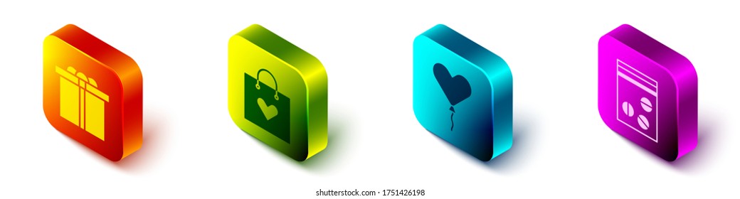 Set Isometric Gift box, Shopping bag with heart, Balloon en forma de corazón y Plastic bag of drug icon. Vector