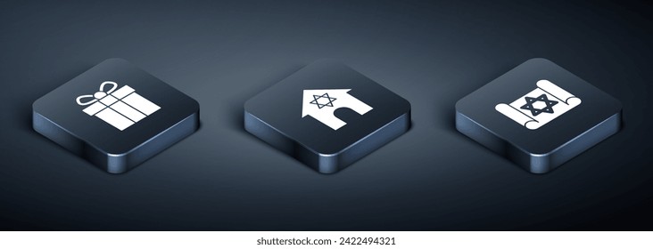Set Isometric Gift box, Torah scroll and Jewish synagogue icon. Vector