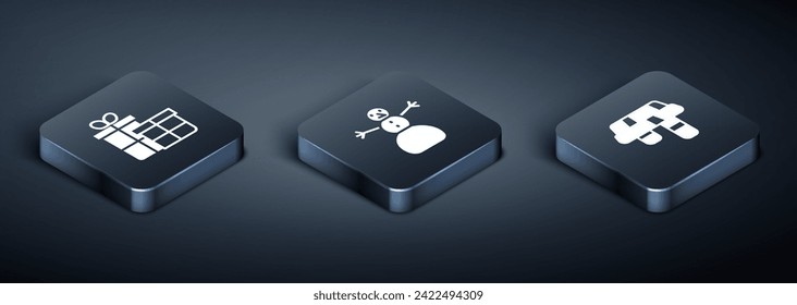 Set Isometric Gift box, Winter scarf and Christmas snowman icon. Vector