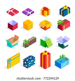 Set of isometric gift boxes isolated on white background. Bright icons of colorful gifts. 3d open and closed presents with ribbons and bows. Vector illustration.