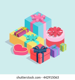 Set of isometric gift boxes. Vector flat design illustration
