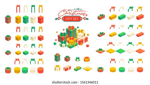 set of isometric gift creator idea, gift set to make your own gift box. isometric design vector illustration of diy gift box for christmas element.