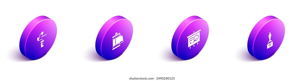 Set Isometric Gimbal stabilizer for camera, Camera roll cartridge, Scenario on chalkboard and Movie trophy icon. Vector