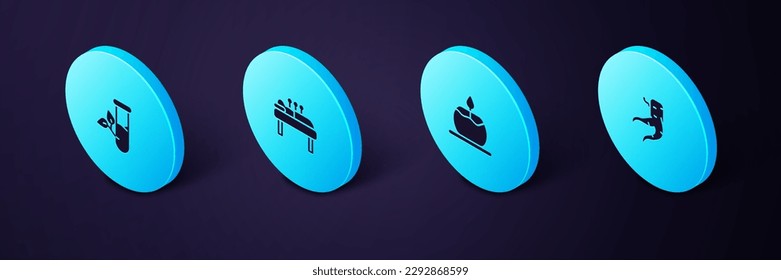 Set Isometric Ginger root, Aroma candle, Acupuncture therapy and Laboratory glass leaves icon. Vector