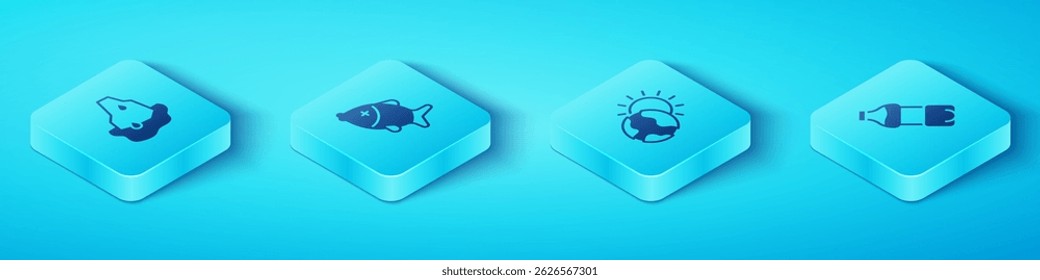 Set Isometric Glacier melting, Dead fish, Bottle of water and Global warming icon. Vector