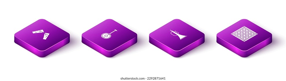 Set Isometric Glass of beer, Banjo, Musical instrument trumpet and Checkered napkin icon. Vector