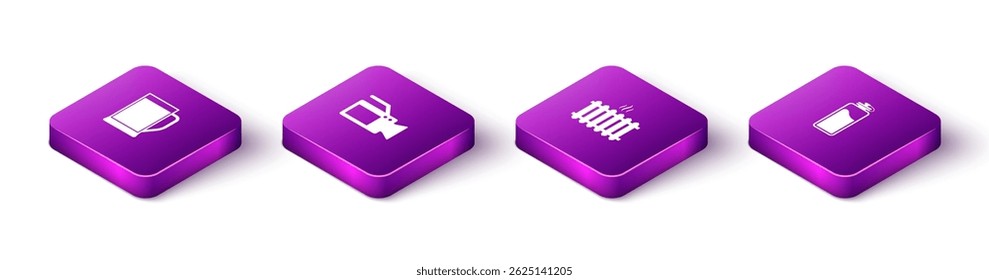 Set Isometric Glass of beer, Cinema camera, Heating radiator and Sport bottle with water icon. Vector